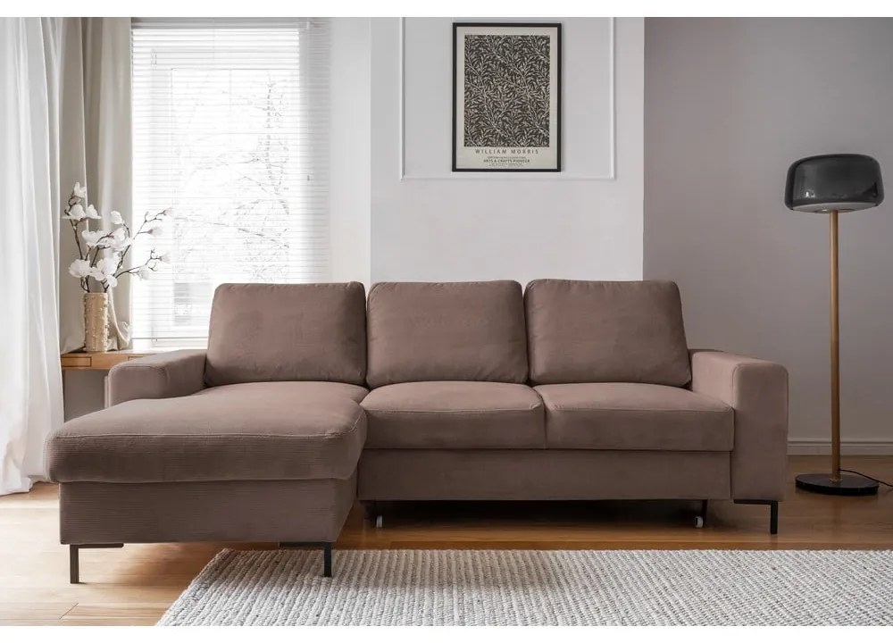 Barna kordbársony kinyitható sarokkanapé (bal oldali) Lofty Lilly – Miuform