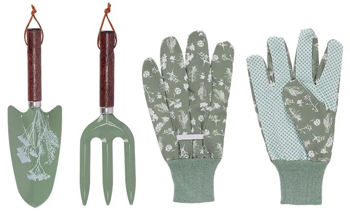 Mezei virág mintás kerti eszköz és kesztyű szett, zöld