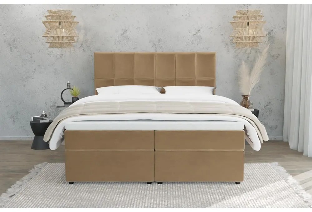Okkersárga ágyneműtartós boxspring ágy 200x200 cm Flip – Ropez