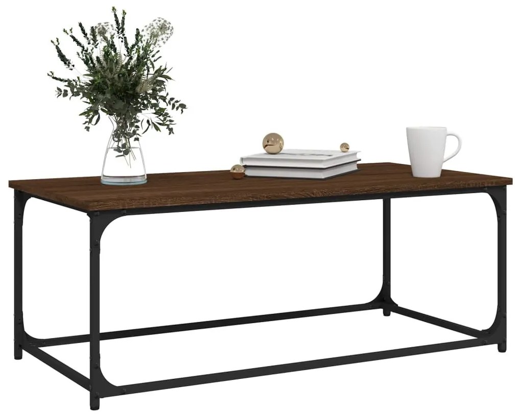 Barna tölgyszínű szerelt fa és vas dohányzóasztal 102x50x40 cm