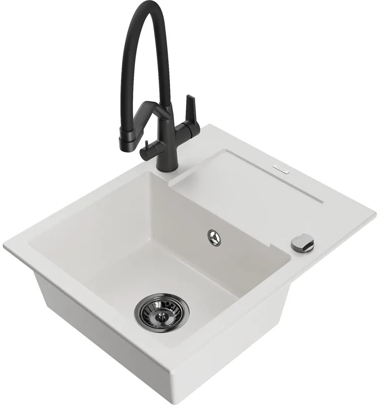 Mexen Enzo egymedencés gránit mosogató csepegtetővel és Duo konyhai csapteleppel, fehér - 6506-20-671701-70-B