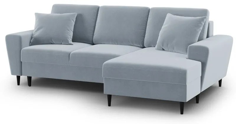 Világoskék bársony kinyitható tárolóhelyes sarokkanapé (jobb oldali-heverő résszel) Kyoto – Cosmopolitan Design