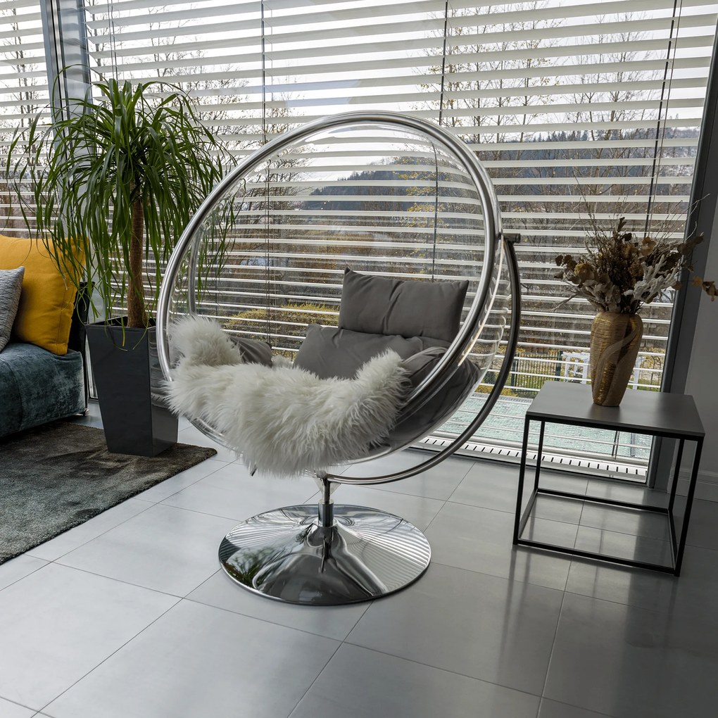 Függő fotel állvánnyal, átlátszó/ezüst/szürke, BUBBLE NEW TYP 2