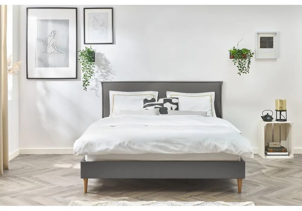 Antracitszürke kárpitozott franciaágy ágyráccsal 180x200 cm Sary – Bobochic Paris
