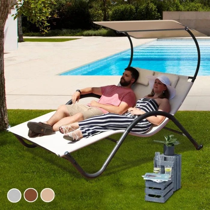 (INAKTIV, IMP) Prémium, döntött, kétszemélyes napozóágy, árnyékolóval - bézs