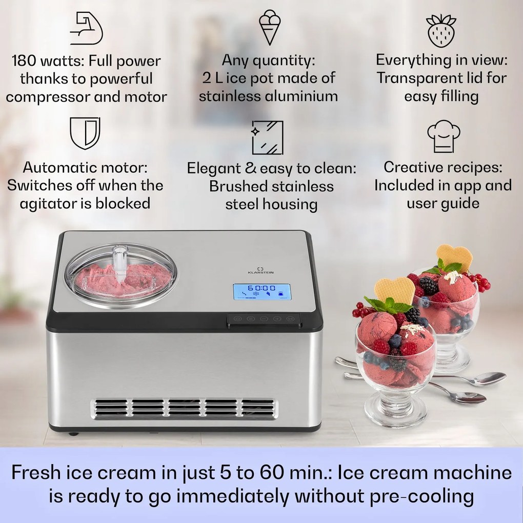 Klarstein Dolce Bacio Smart, fagylaltgép és joghurtkészítő, kompresszor, 2 L, WiFi, érintőképernyő, rozsdamentes acél