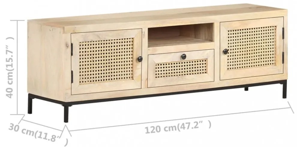 tömör mangófa és természetes nád TV-szekrény 120 x 30 x 40 cm