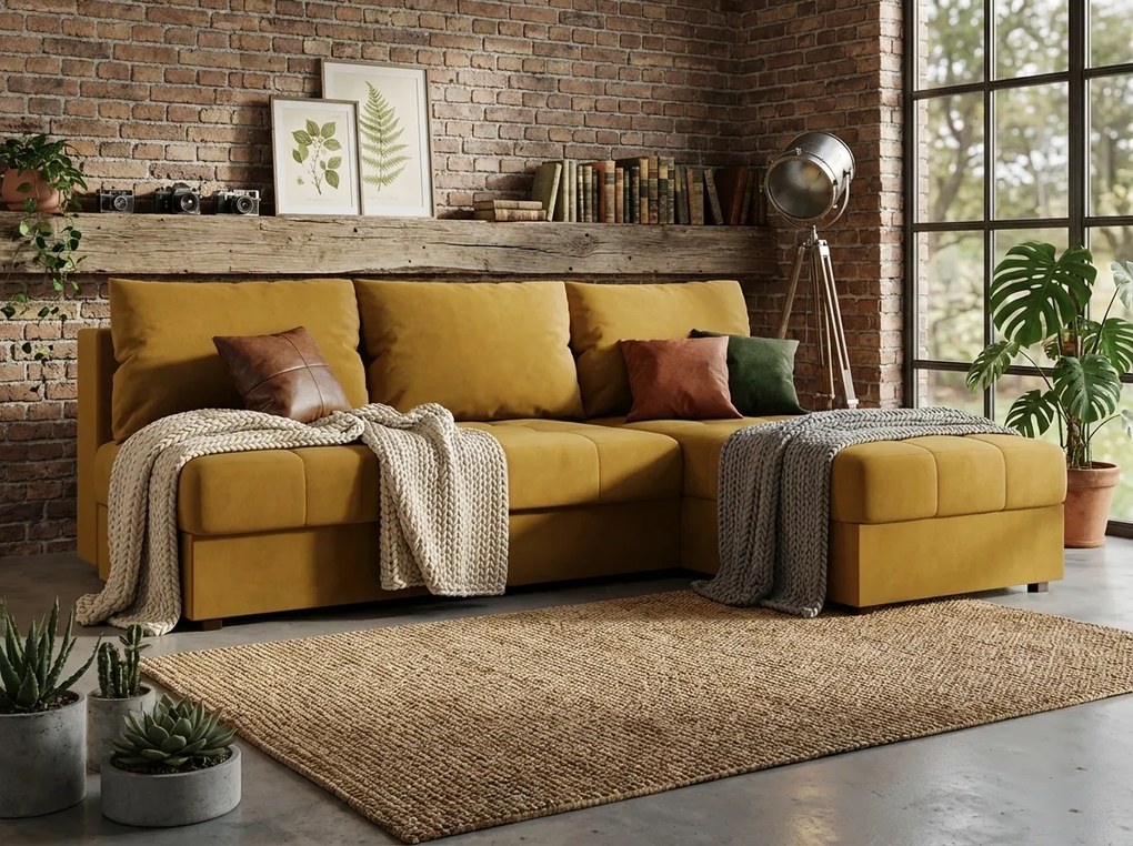 Kihúzható, kétoldalas L-alakú kanapé VENORIA SLIM 200x143 cm, mustársárga + 2 párna INGYEN