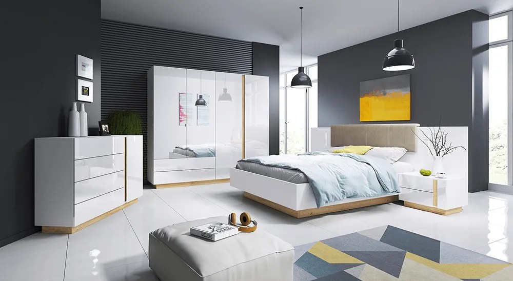 Ágy ágyneműtartóval, fehér/grandson tölgy/fehér magas fényű, CITY