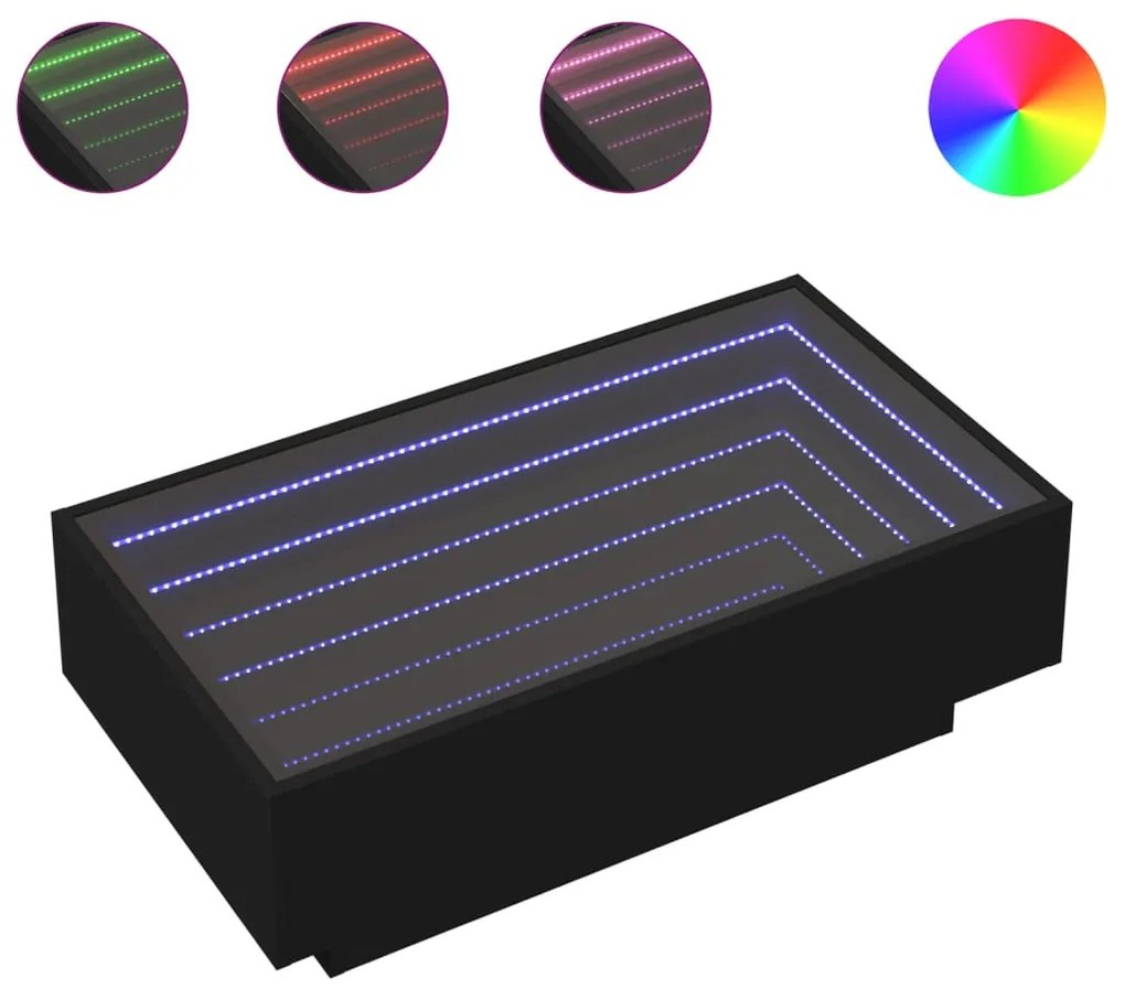 Fekete szerelt fa dohányzóasztal LED-del 90 x 50 x 30 cm