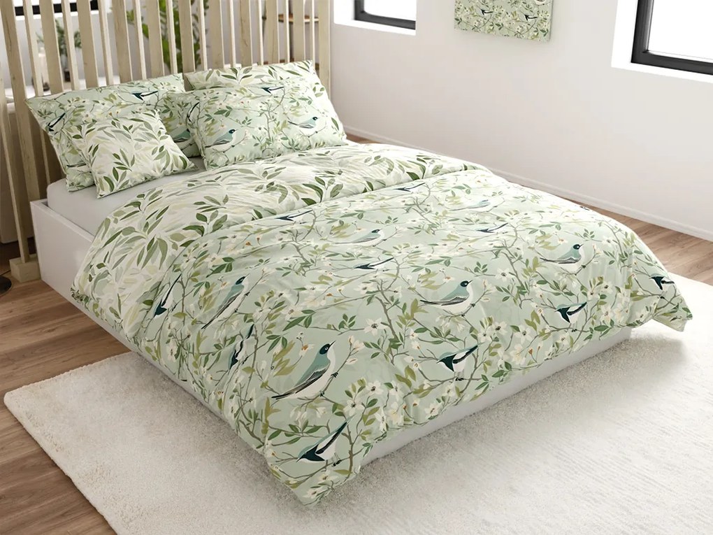 Pamut ágynemű FLORIBIRD POLY zöld Ágyneműhuzat mérete: 2 db 70 x 90 cm | 200 x 220 cm