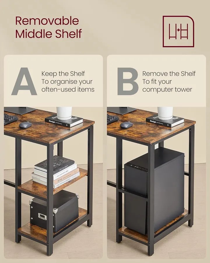 Számítógépasztal, L-alakú sarokasztal, 120 x 130 x 76 cm, rusztikus barna és fekete