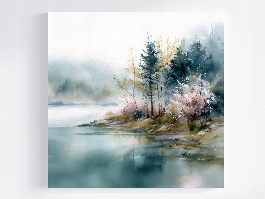 Vászonkép Canvas Tájkép Tó Part Fák Tavasz Köd 40x40