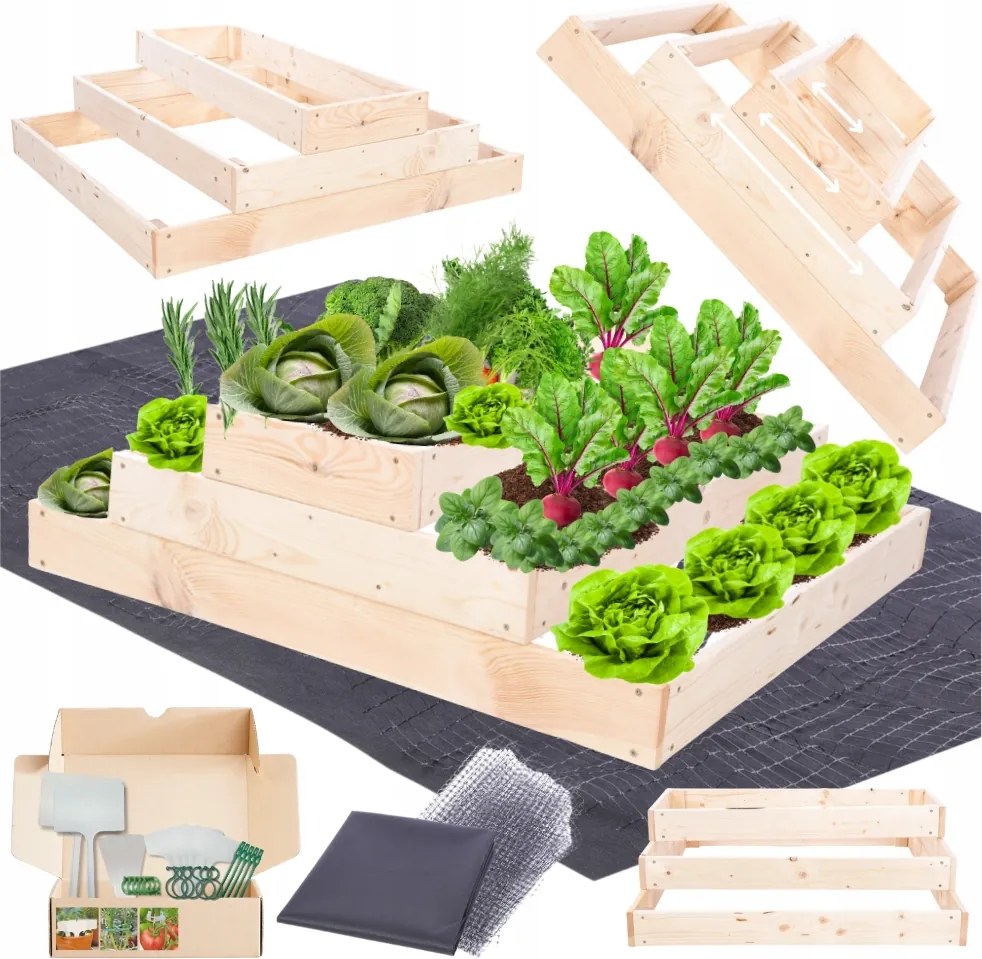 Magasított ágyás lépcsőzetes állítható fa zöldségtartó 27x120x80