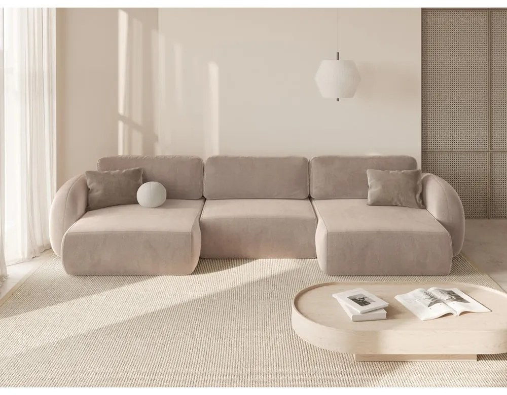 Bézs bársony kinyitható-tárolóhelyes (U alakú) sarokkanapé Tonale – Cosmopolitan Design