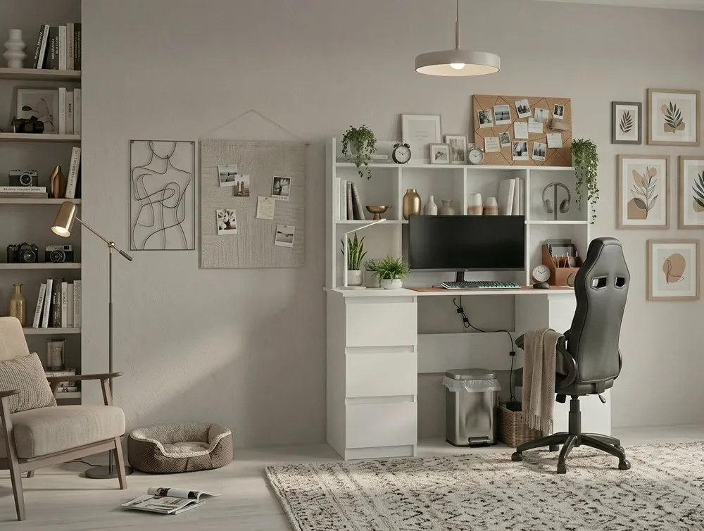 KUBA íróasztal 130x51x146 cm, felső polccal, fehér + Drift székkel, állítható, fekete