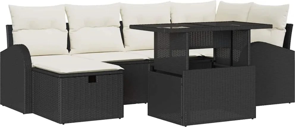 vidaXL Kerti Kanapé Szett párnával tárolóval 7 pcs Fekete Poli rattan