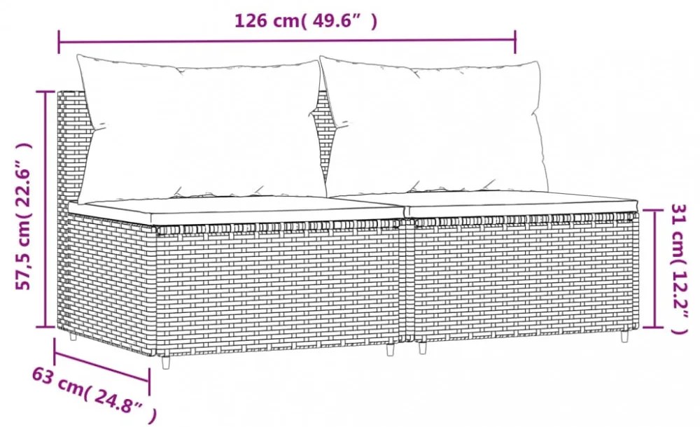 2 db szürke polyrattan kerti középső kanapé párnákkal