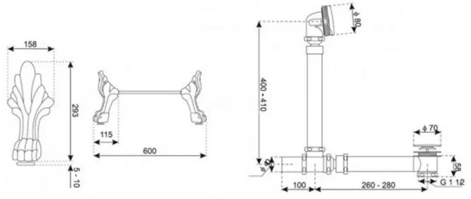 Antica szabadon álló kád fekete lábakkal és leeresztővel