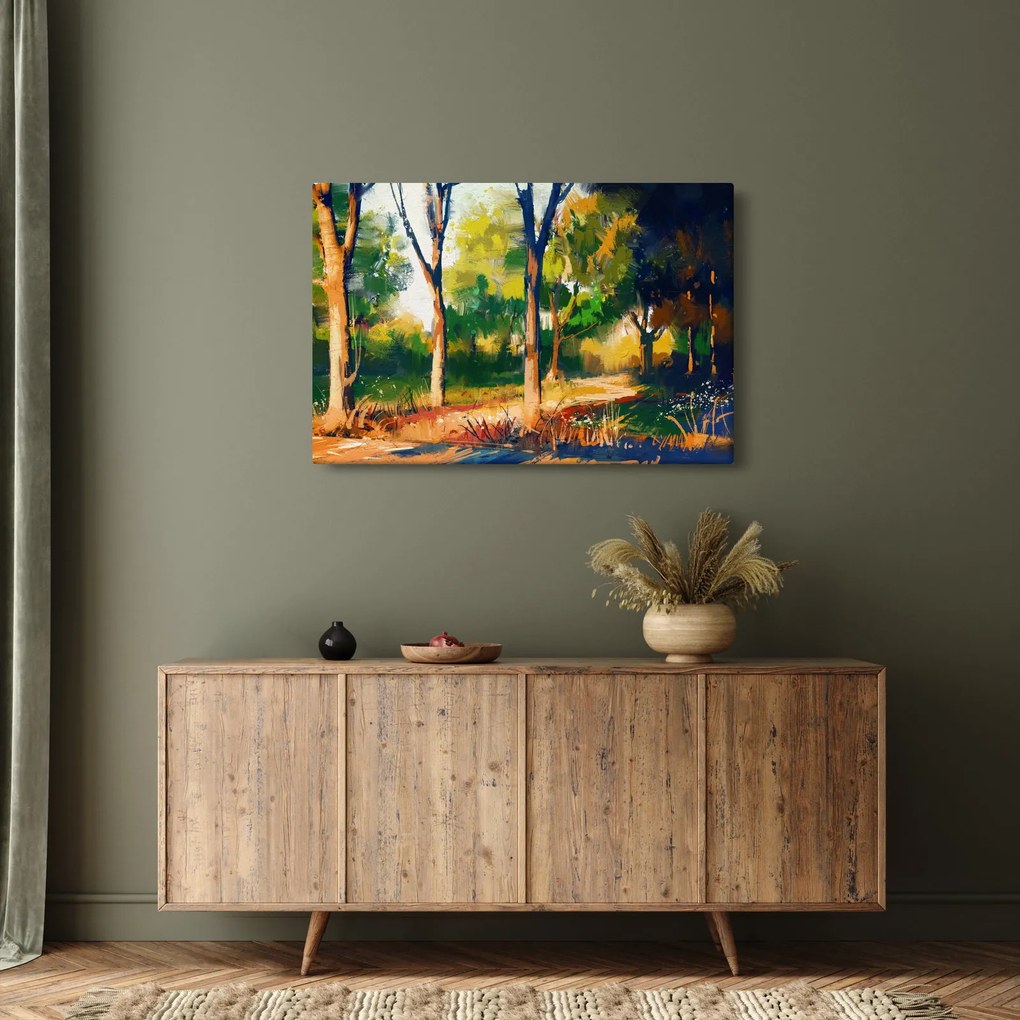 Erdő képe a nyári napsütésben, festmény (90x60 cm)