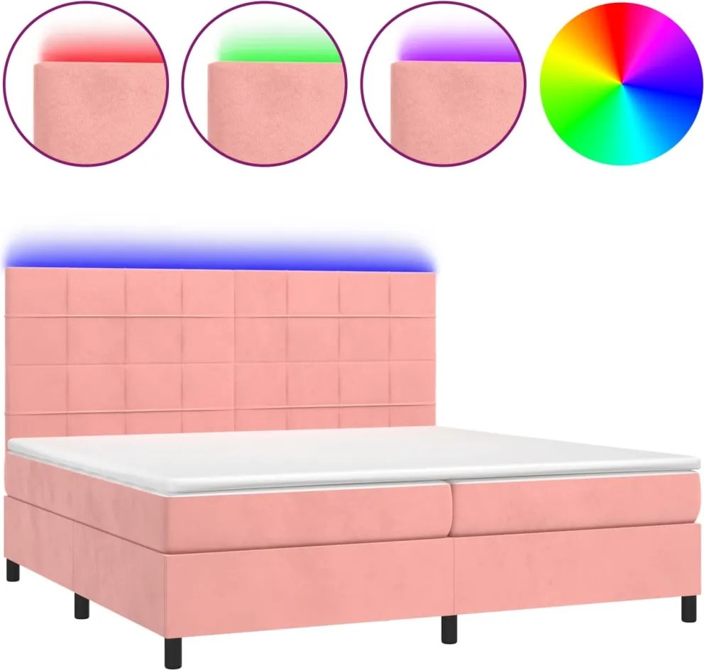 vidaXL rózsaszín bársony rugós és LED-es ágy matraccal 200x200 cm