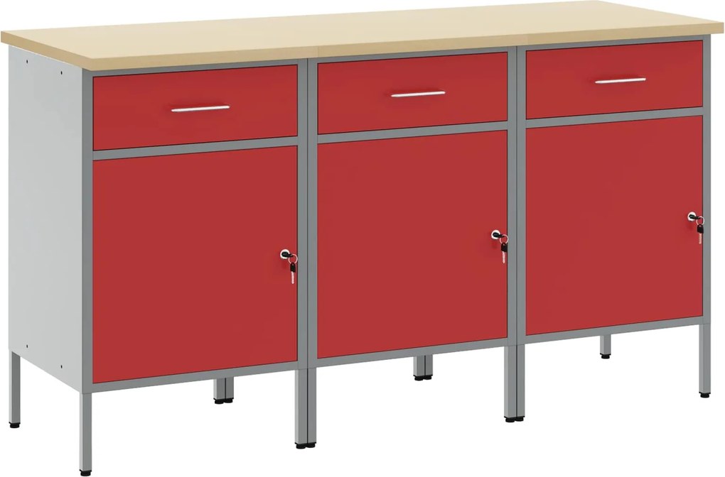 vidaXL Munkaszekrény fiókkal 3 pcs Piros és Szürke 150 x 55 x 85 cm