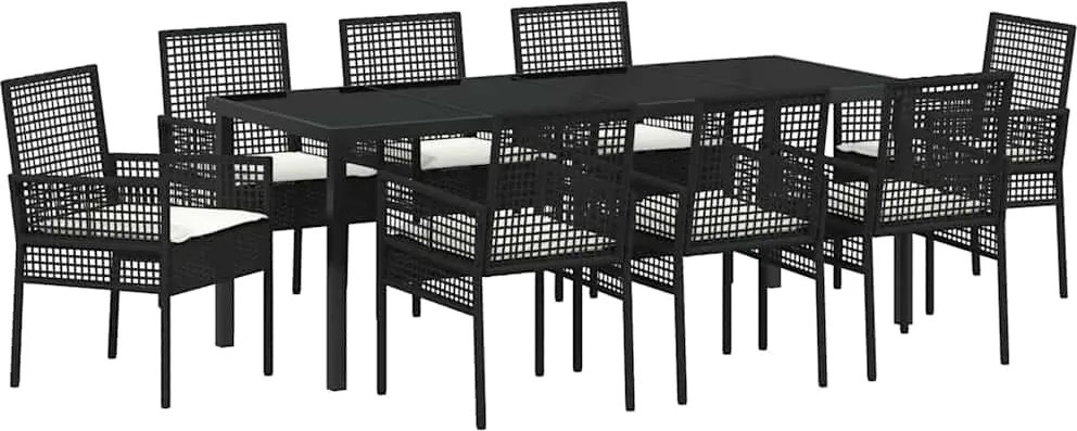 vidaXL Kert étkező szett párnával 9 pcs Fekete polirattan