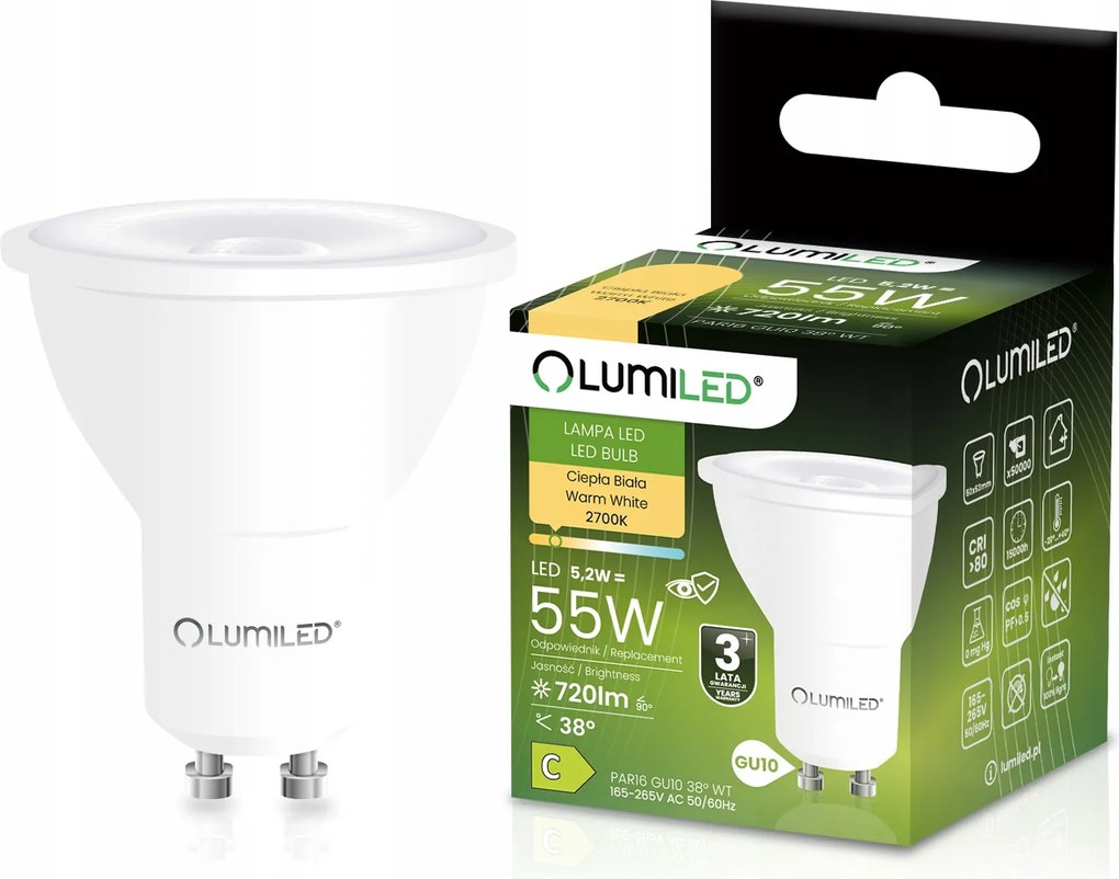 Led Izzó GU10 Reflektor 5,2W 55W 720LM 2700K Meleg 38° Lumiled