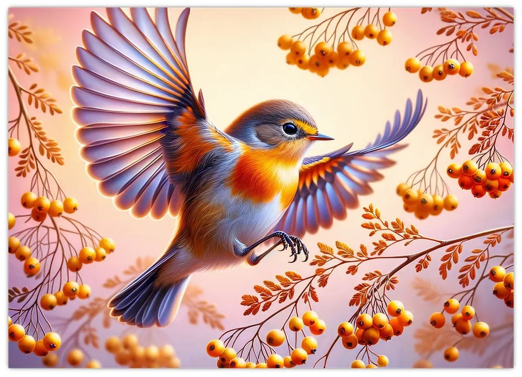 Üveg kép - Madár berkenyével (70x50 cm)