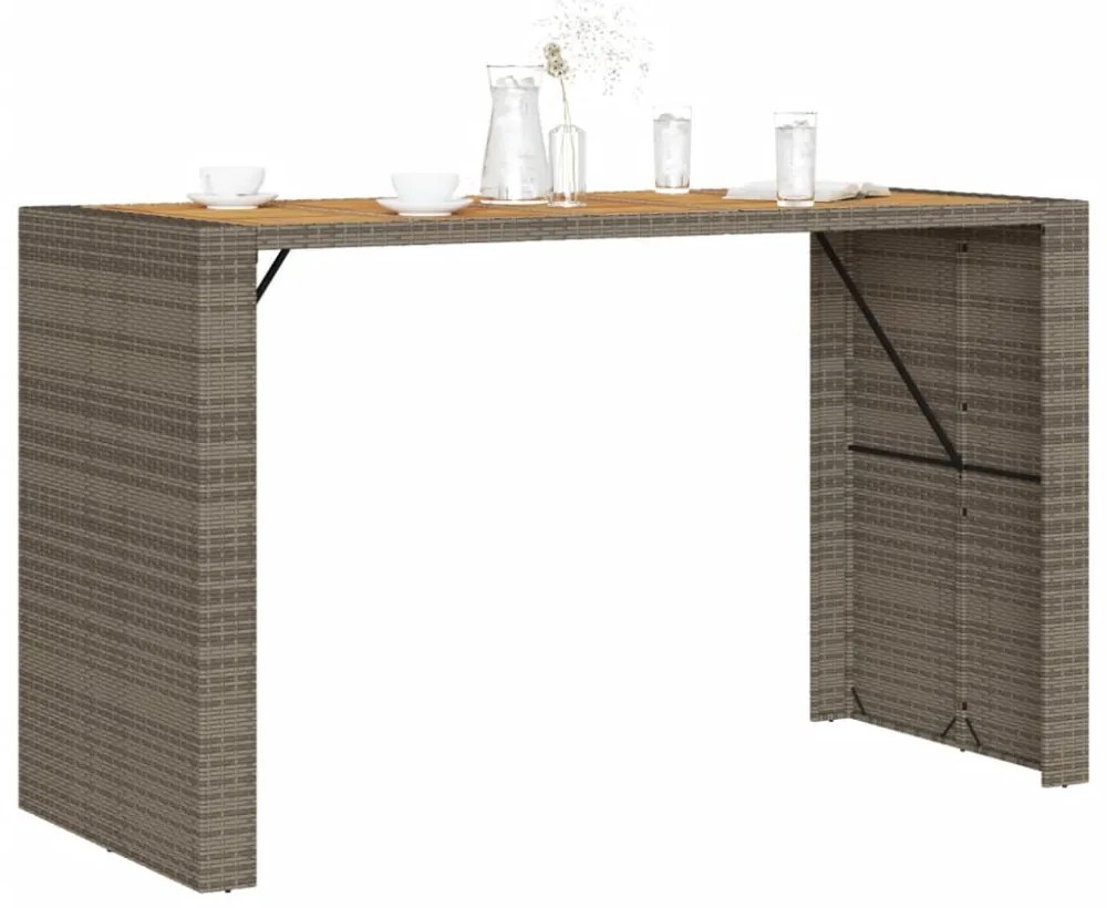 szürke polyrattan kerti bárasztal akácfa lappal 185x80x110 cm