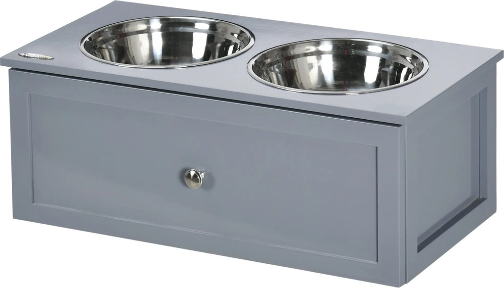PawHut Emelt Kutya Tál Etető Tál Húzóval, 2 x 2000ml Rozsdamentes Acél Tálak, Étel Tál Etető Állomás Közepes Kutyák és Macskák Számára, Szürke | Aosom