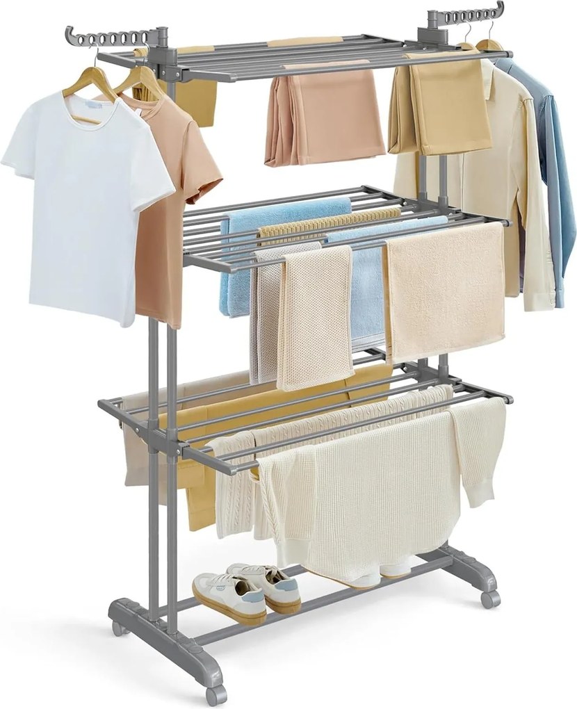 SONGMICS 4 szintes összecsukható ruhaszárító állvány, 3 szárítószinttel, cipőtartóval és görgőkkel, 126 x 64 x 172 cm, max. 35 kg, szürke