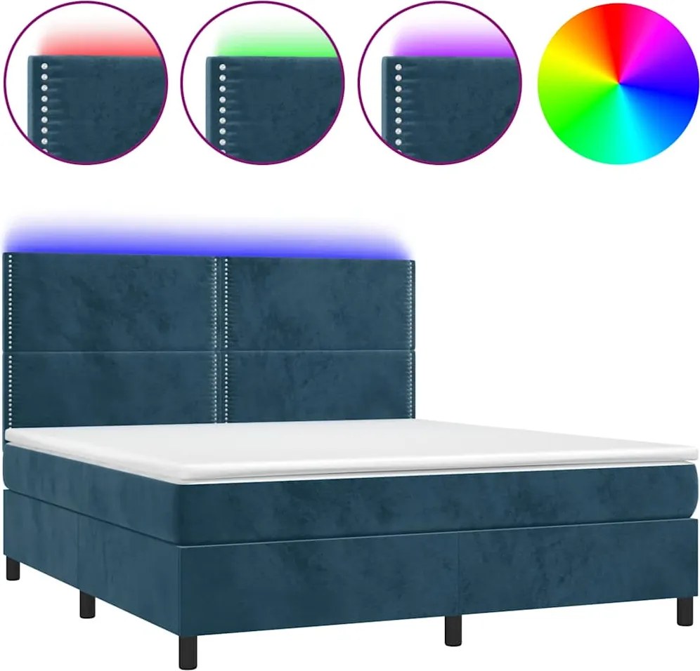 vidaXL sötétkék bársony rugós és LED-es ágy matraccal 160x200 cm