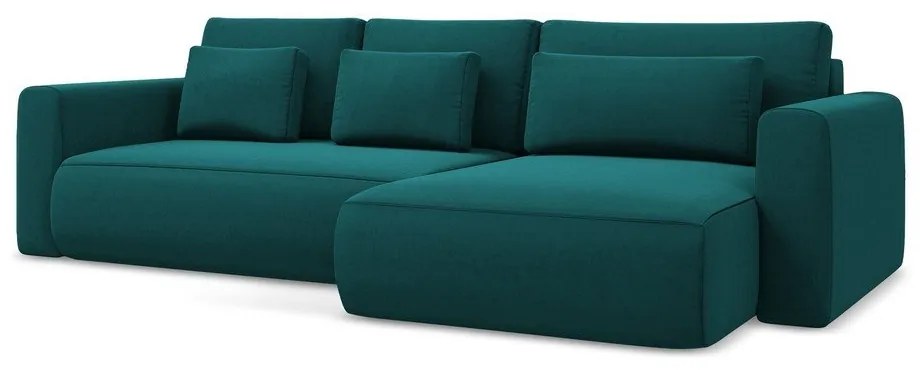 Türkiz bársony kinyitható-tárolóhelyes sarokkanapé (jobb oldali-heverő résszel) Kapua – Makamii