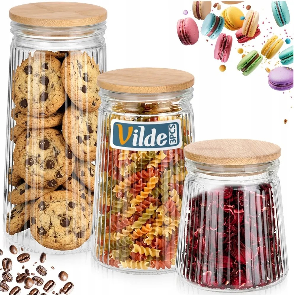 3x Bambusz Üveg konyhai ételtároló tartály ömlesztett termékek légmentesen záródó