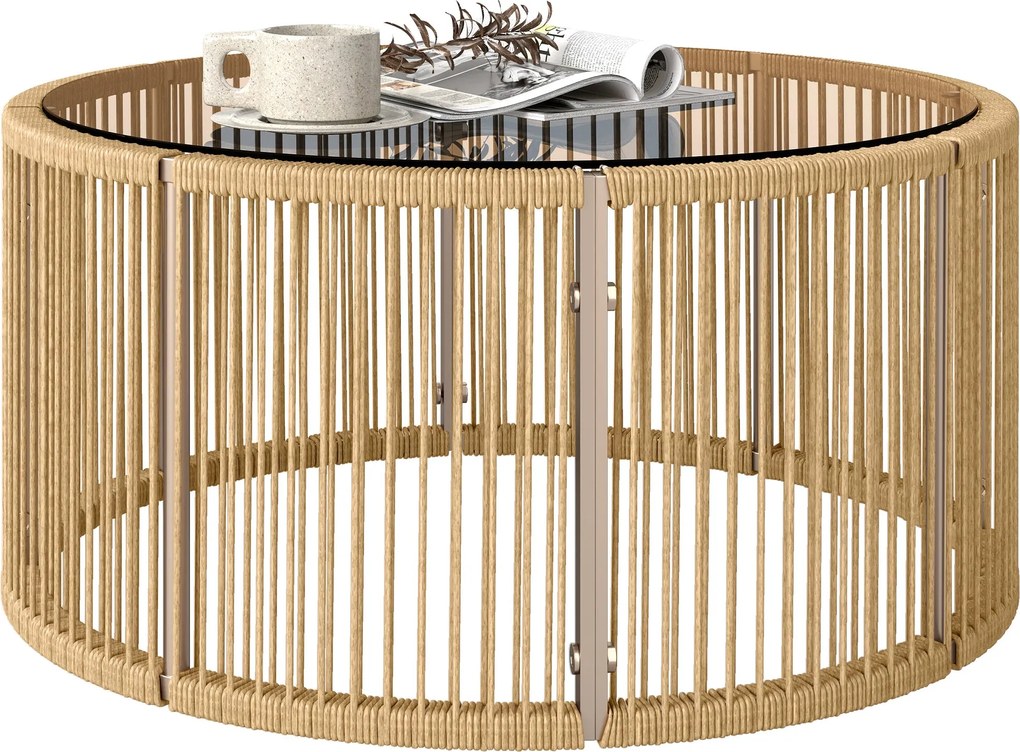 Outsunny polyrattan kisasztal – edzett üveg lappal, porfestett acélváz, kertre, teraszra, erkélyre, 70 x 70 x 33 cm, barna | Aosom