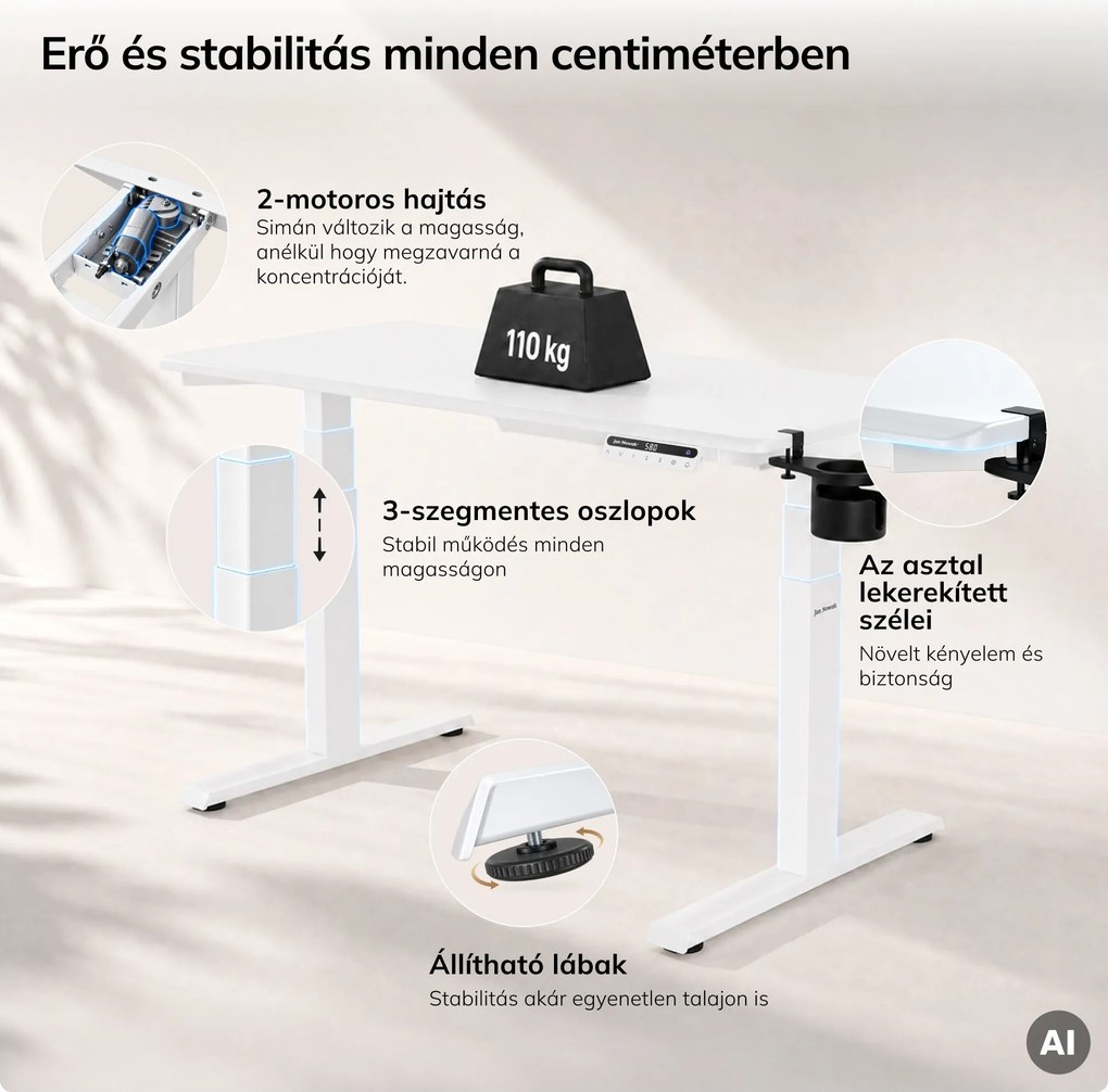 Elektromos, állítható magasságú, ergonomikus, fehér íróasztal,1200x600 mm: ARIA