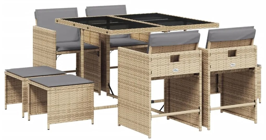9 részes vegyes bézs polyrattan kerti étkezőgarnitúra párnákkal