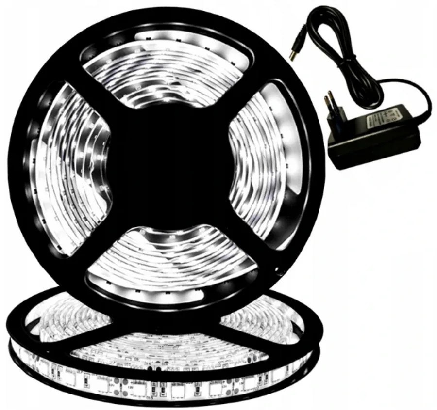 5m LED szalag, hálózati adapterrel, hideg fehér, HT