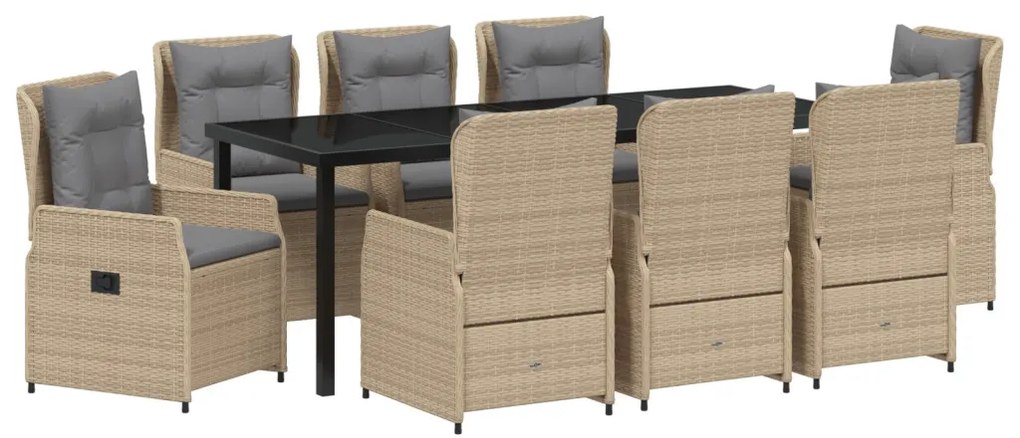 9 részes kerti étkező garnitúra bézs poli rattan, Kerti asztal fekete 200x80x73 cm edzett üveggel