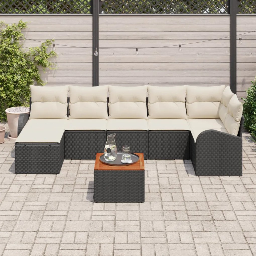 8 darabos Kert Sofa Szett Párnákkal Fekete Poli Rattan Akác