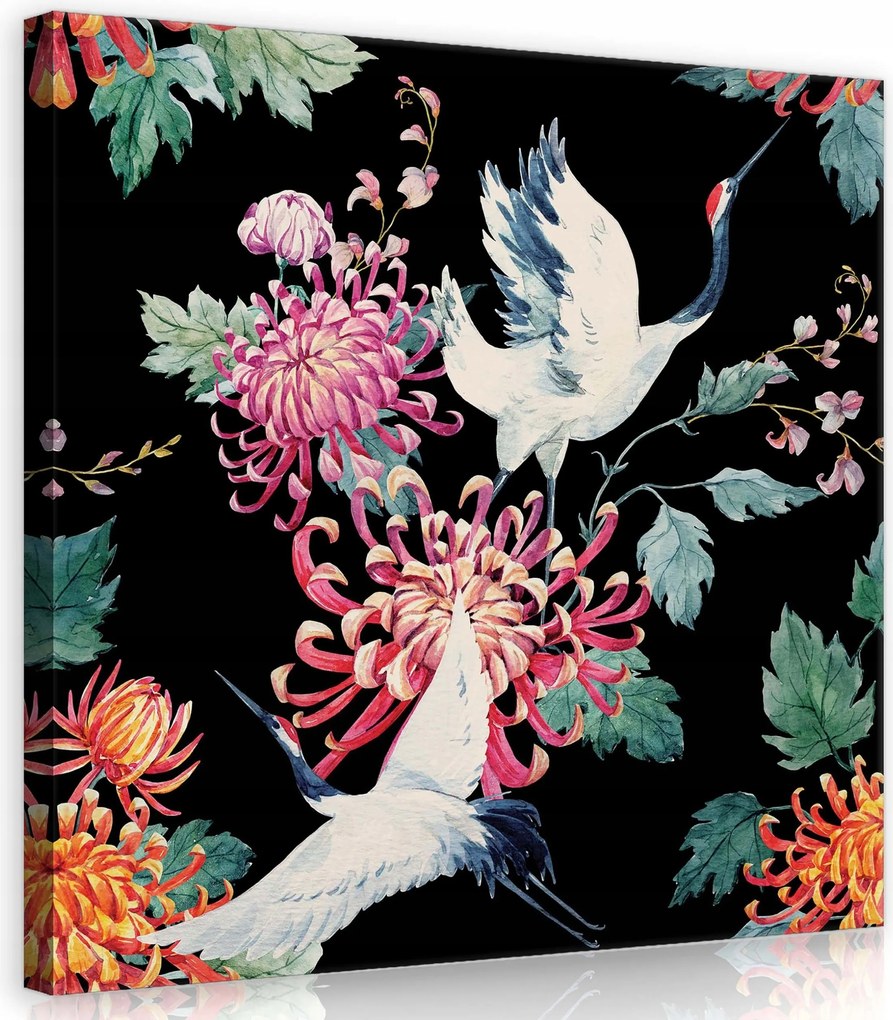 Vászonkép 80x80 Darvak krizantém virágok madarak fekete háttér elegancia