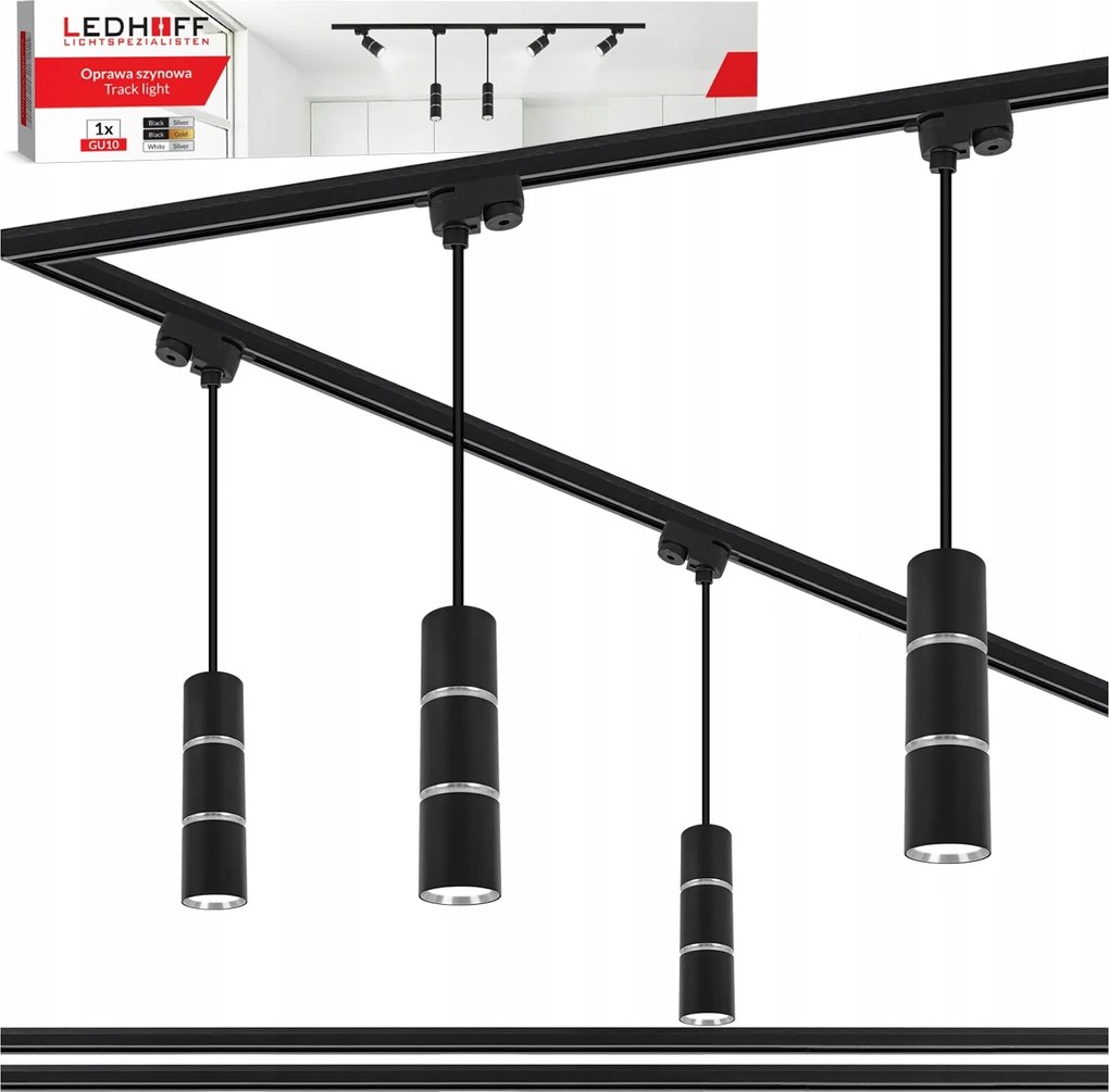 Sínkábel 2x 1m 4x Led függőlámpa Tuba GU10 fekete ezüst lámpatest 2m