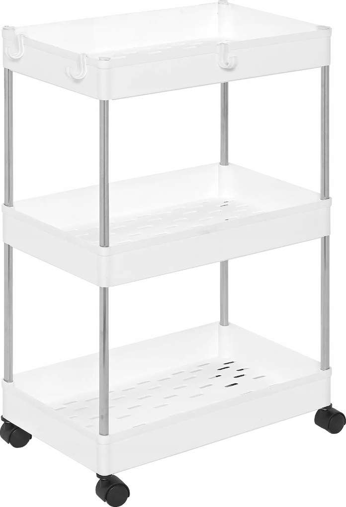 Mobil fürdőszobai konyhai polc 3 szintes, gurulós, fém, fehér