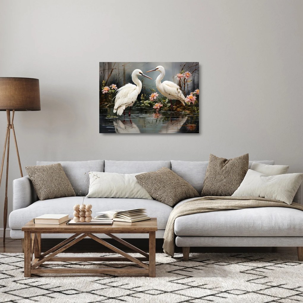 Üveg kép - Fehér darvak (70x50 cm)