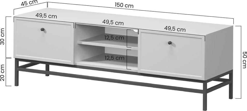 Lorini TV-szekrény 150 cm fiókokkal - kasmír / fekete T-bar fogantyúk / fekete váz
