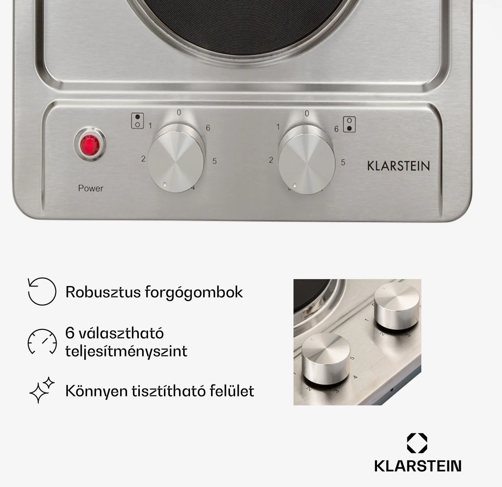 Klarstein Appetito Domino, elektromos főzőlap, 3000 W, 2 főzőlap, 6 teljesítményfokozat, rozsdamentes acél