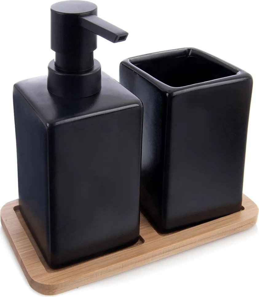 Fürdőszobai szett szappan adagoló gél bögre állvány fekete bambusz