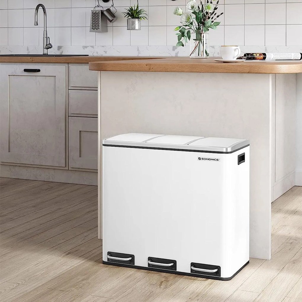 Konyhai pedálos szemetesdoboz, szelektív hulladékgyűjtő, 3 x 18 l, fehér