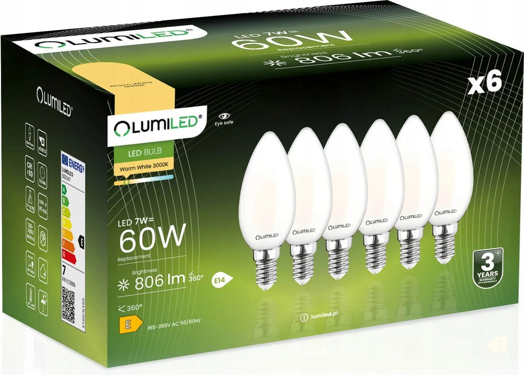 6x Led izzó E14 Gyertya Filament 7W 60W Tejfehér 3000K Lumiled